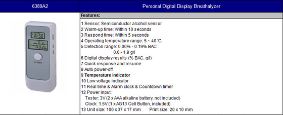 Capteur d'alcool de semi-conducteur Bac Tester personnel 6389a2 avec l'accumulateur alcalin de 2 X D.C.A.