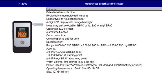 Embouchures remplaçables de mini du capteur MP-3 de Breathalyzer appareil de contrôle d'alcool