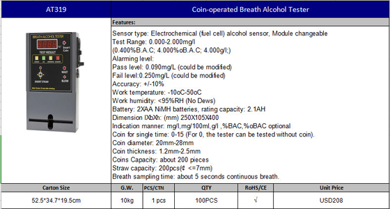 Appareil de contrôle à jetons d'alcool de Breathalyzer de lieu public de barre avec l'alarme